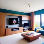 FootballR - NFL - Ein Wohnzimmer mit blauen Sofas und einem Fernseher ist in leuchtenden Farben dekoriert.