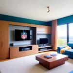 FootballR - NFL - Ein Wohnzimmer mit blauen Sofas und einem Fernseher ist in leuchtenden Farben dekoriert.