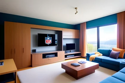 FootballR - NFL - Ein Wohnzimmer mit blauen Sofas und einem Fernseher ist in leuchtenden Farben dekoriert.