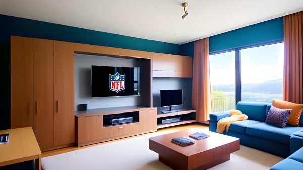 FootballR - NFL - Ein Wohnzimmer mit blauen Sofas und einem Fernseher ist in leuchtenden Farben dekoriert.