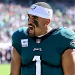 Spieltag 3 - NFL - Der Spieler der Philadelphia Eagles, Jalen Hurts, schreit auf dem NFL-Feld. RTL NFL Programm - Bye Week Woche 10