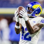 FootballR - NFL - Rams-Spieler Van Jefferson fängt Ball.
