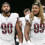 October 15, 2023, Atlanta, Georgia, United States: Washington Commanders defensive ends Montez Sweat 90 and Chase Young 99 enter the field after halftime against the Atlanta Falcons at Mercedes-Benz Stadium. Atlanta United States - ZUMAw109 20231015_fap_w109_017 Copyright: xDebbyxWongx
