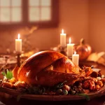 FootballR - NFL Heute ist Thanksgiving - Ein Thanksgiving-Truthahn sitzt auf einem Tisch mit Kerzen und sorgt für eine warme und festliche Atmosphäre. Diese NFL Games erwarten dich im TV und als Stream