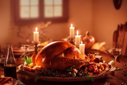 FootballR - NFL Heute ist Thanksgiving - Ein Thanksgiving-Truthahn sitzt auf einem Tisch mit Kerzen und sorgt für eine warme und festliche Atmosphäre. Diese NFL Games erwarten dich im TV und als Stream