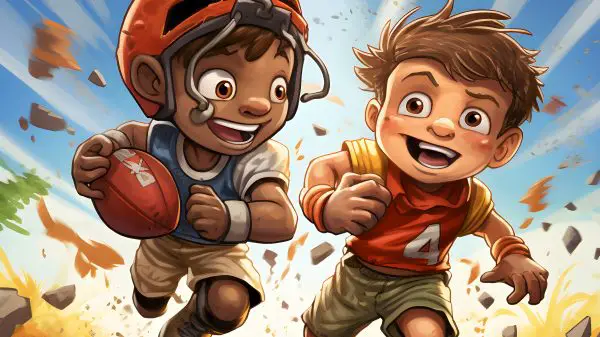 FootballR - NFL - Zwei Jungen spielen Football und versuchen, einen Touchdown zu erzielen.