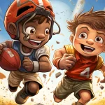 FootballR - NFL - Zwei Jungen spielen Football und versuchen, einen Touchdown zu erzielen.