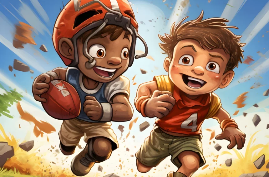 FootballR - NFL - Zwei Jungen spielen Football und versuchen, einen Touchdown zu erzielen.