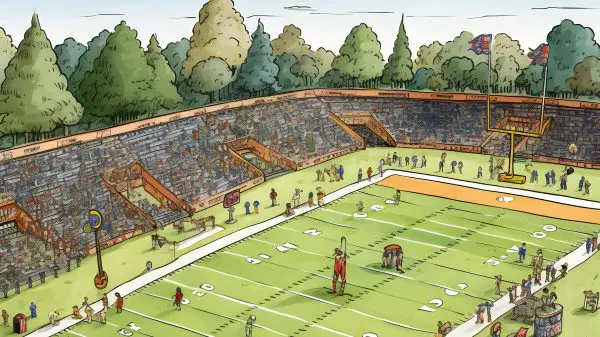 FootballR - NFL Football-Spielfeld - Eine Zeichentrickillustration eines Football Feldes mit einem Touchdown.