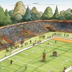 FootballR - NFL Football-Spielfeld - Eine Zeichentrickillustration eines Football Feldes mit einem Touchdown.