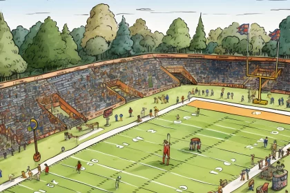 FootballR - NFL Football-Spielfeld - Eine Zeichentrickillustration eines Football Feldes mit einem Touchdown.