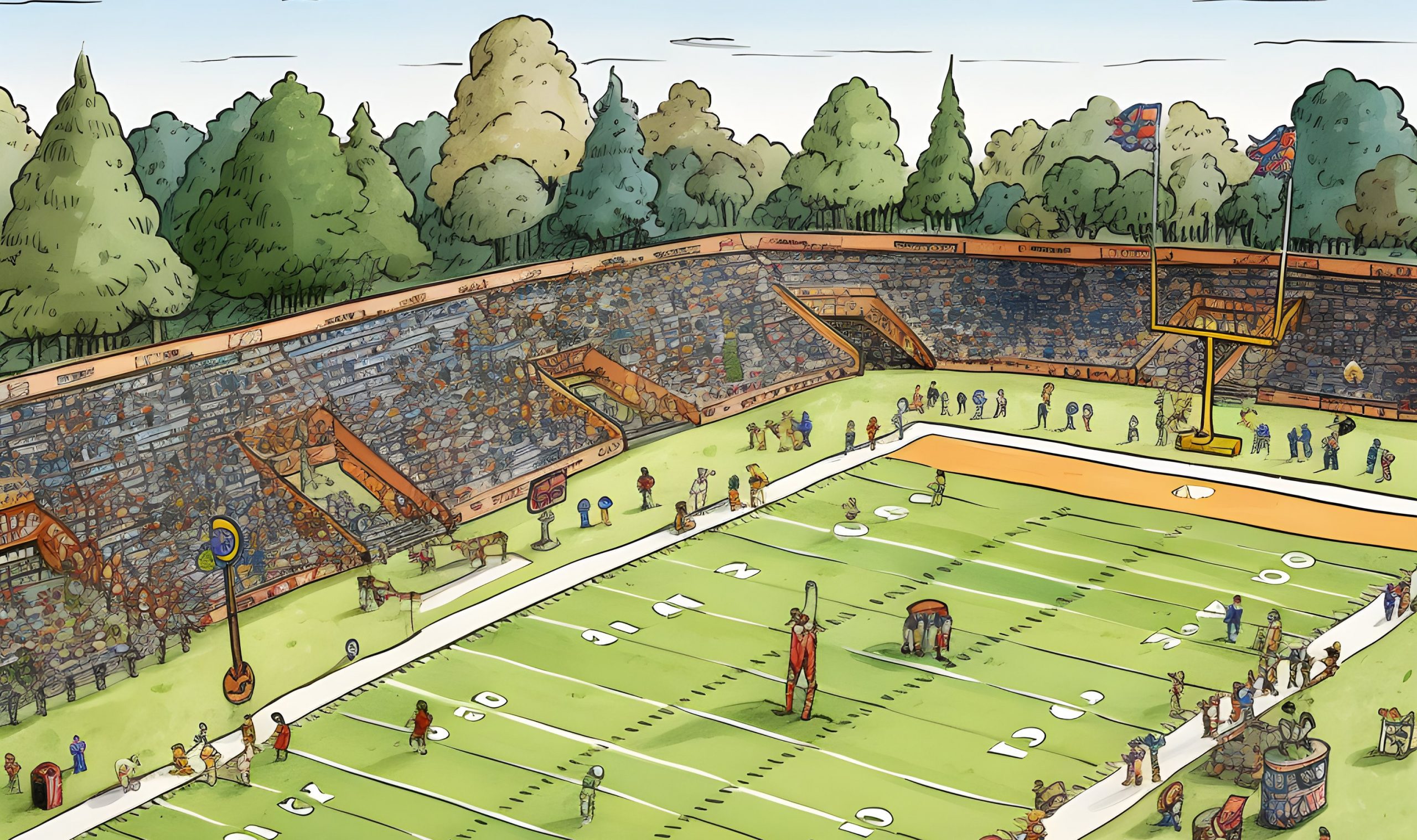 FootballR - NFL Football-Spielfeld - Eine Zeichentrickillustration eines Football Feldes mit einem Touchdown.