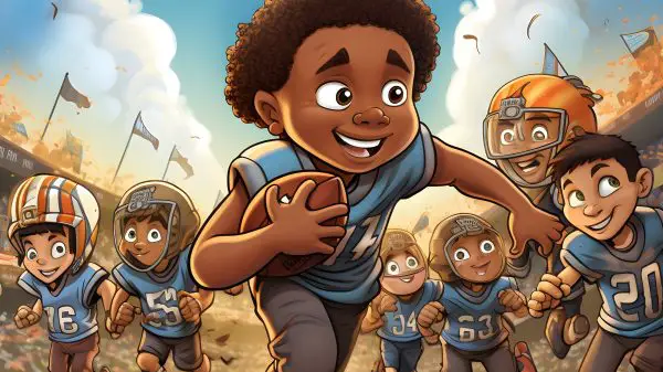 FootballR - NFL - Das ist ein Touchdown - Ein Cartoonbild einer Gruppe von Kindern, die auf einem American-Football-Feld laufen.