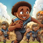 FootballR - NFL - Das ist ein Touchdown - Ein Cartoonbild einer Gruppe von Kindern, die auf einem American-Football-Feld laufen.