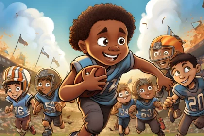 FootballR - NFL - Das ist ein Touchdown - Ein Cartoonbild einer Gruppe von Kindern, die auf einem American-Football-Feld laufen.