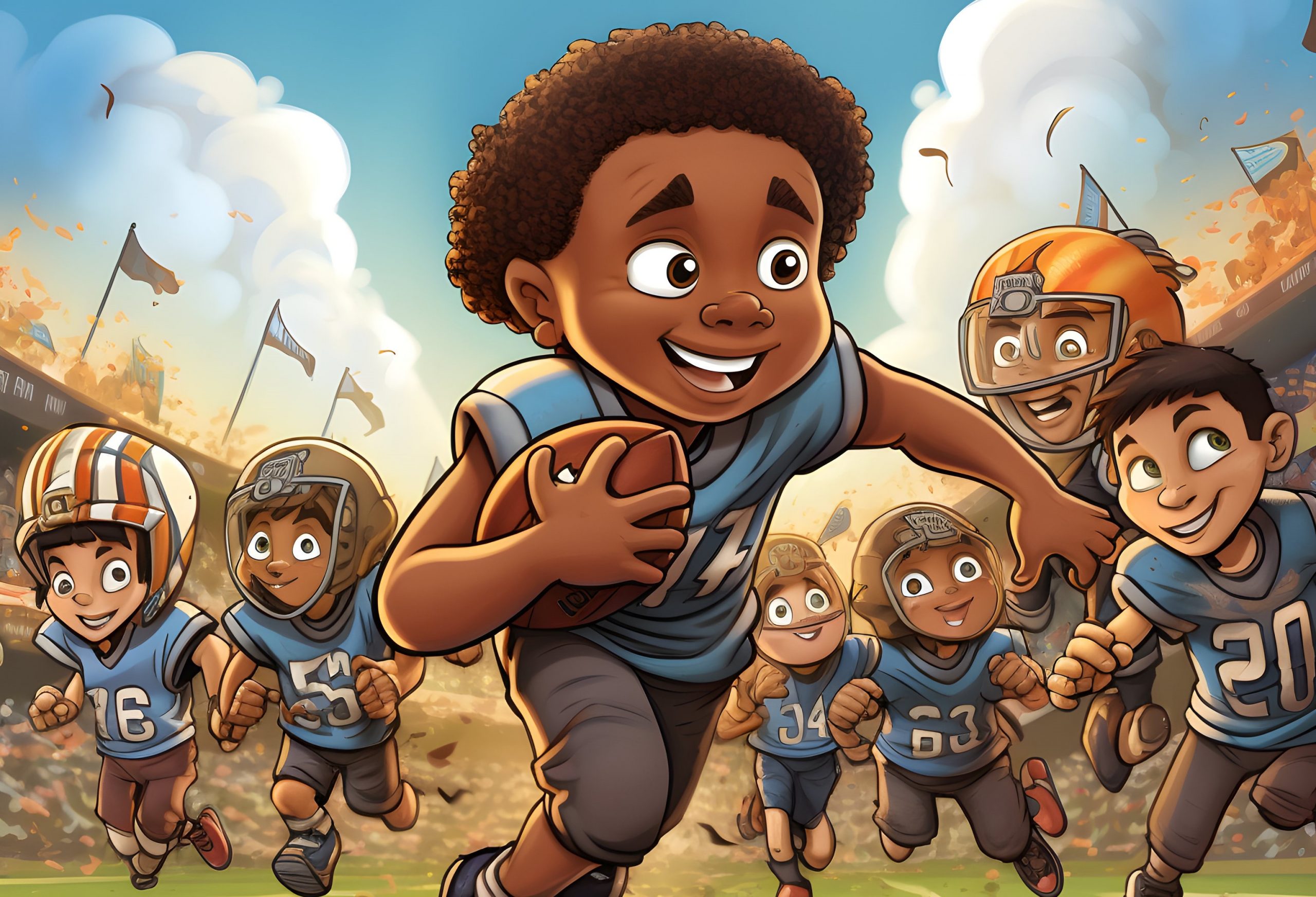FootballR - NFL - Das ist ein Touchdown - Ein Cartoonbild einer Gruppe von Kindern, die auf einem American-Football-Feld laufen.