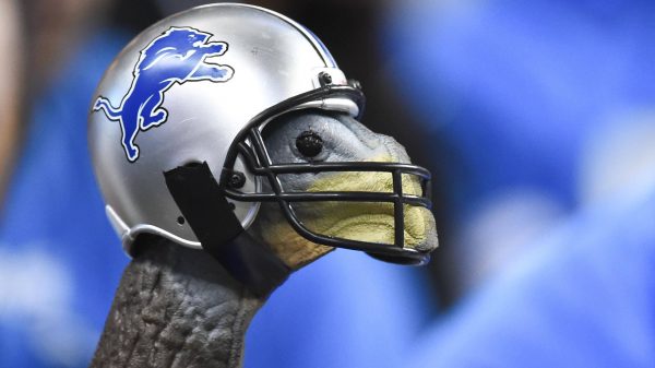 FootballR - NFL Thanksgiving 2023 - Ein Thanksgiving-Truthahn, der einen Helm der Detroit Lions aufsetzt.