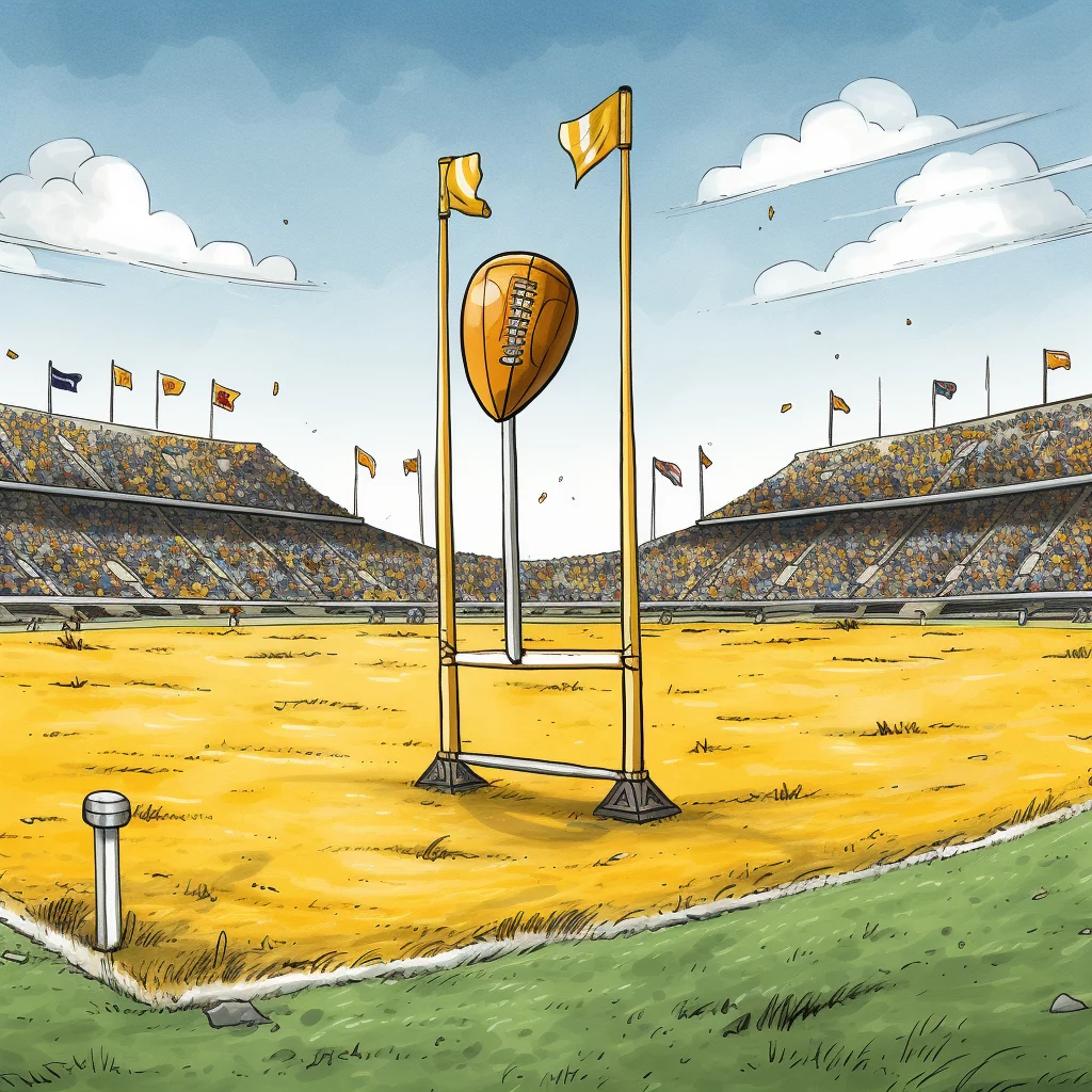FootballR - NFL - Eine Zeichentrickillustration eines Footballfeldes mit Fahnen und einem Field Goal.