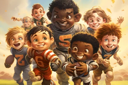 FootballR - NFL - Eine Gruppe kleiner Kinder läuft auf dem Feld. American Football