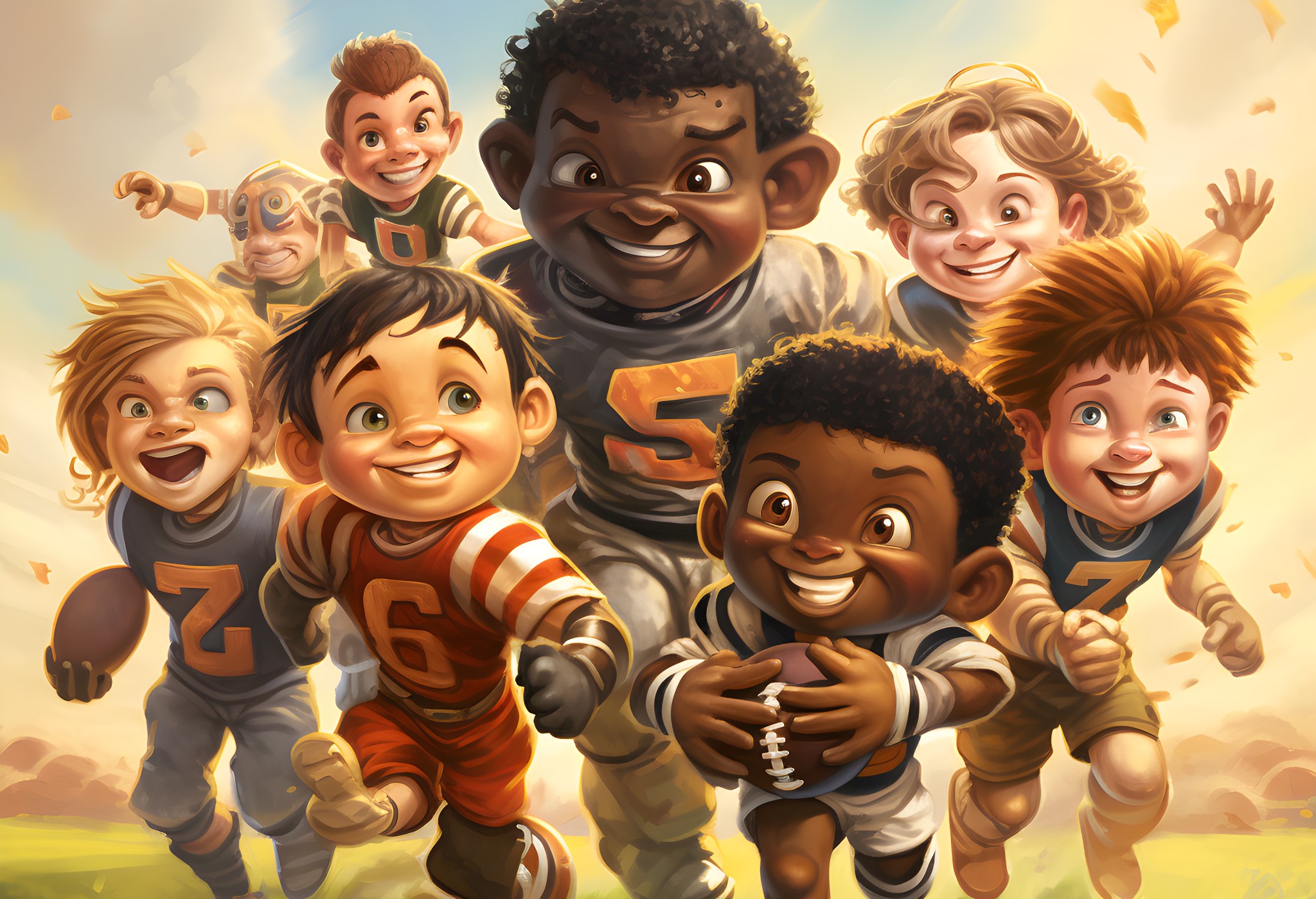 FootballR - NFL - Eine Gruppe kleiner Kinder läuft auf dem Feld. American Football