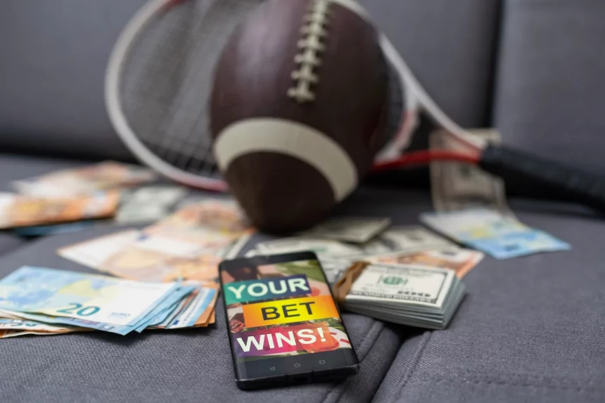 FootballR - NFL - Ein Mobiltelefon mit der Aufschrift NFL Wetten liegt auf einem Stapel Geld und einem Football.