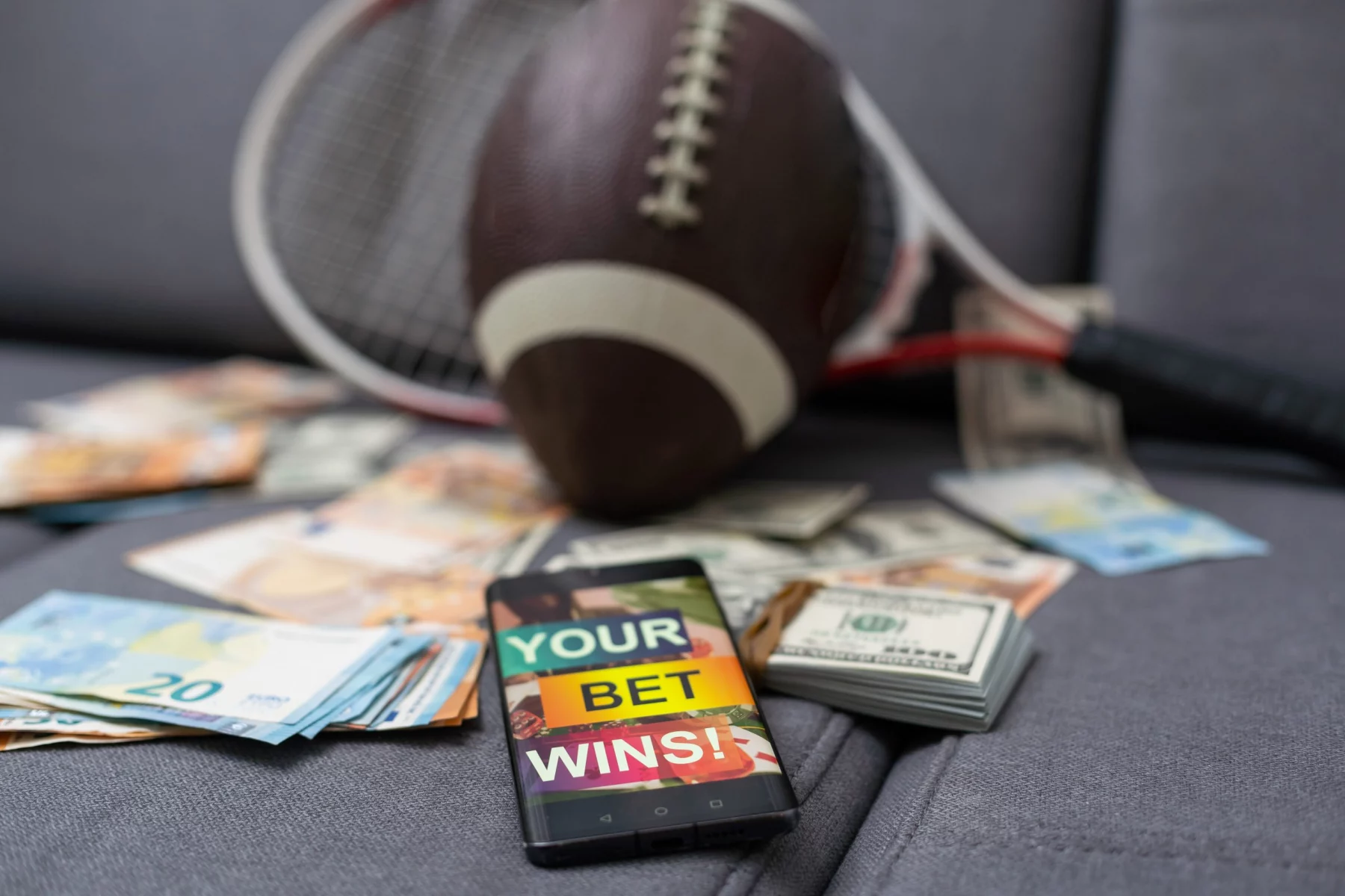 FootballR - NFL - Ein Mobiltelefon mit der Aufschrift NFL Wetten liegt auf einem Stapel Geld und einem Football.