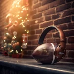 FootballR - NFL - Ein fußballförmiger Kopfhörer, der im Rahmen der Hangover Week #16-Feier des Bromance Podcasts auf einem Tisch neben einem Weihnachtsbaum steht.