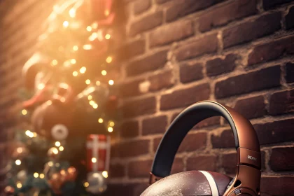 FootballR - NFL - Ein fußballförmiger Kopfhörer, der im Rahmen der Hangover Week #16-Feier des Bromance Podcasts auf einem Tisch neben einem Weihnachtsbaum steht.