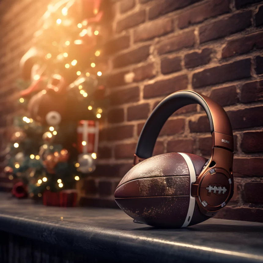 FootballR - NFL - Ein fußballförmiger Kopfhörer, der im Rahmen der Hangover Week #16-Feier des Bromance Podcasts auf einem Tisch neben einem Weihnachtsbaum steht.