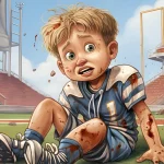 FootballR - NFL - Eine Illustration eines Jungen, der bei einem Footballspiel auf dem Boden sitzt und eine Erklärung für Kinder zum Thema Kreuzbandriss liefert.