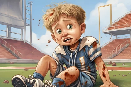FootballR - NFL - Eine Illustration eines Jungen, der bei einem Footballspiel auf dem Boden sitzt und eine Erklärung für Kinder zum Thema Kreuzbandriss liefert.