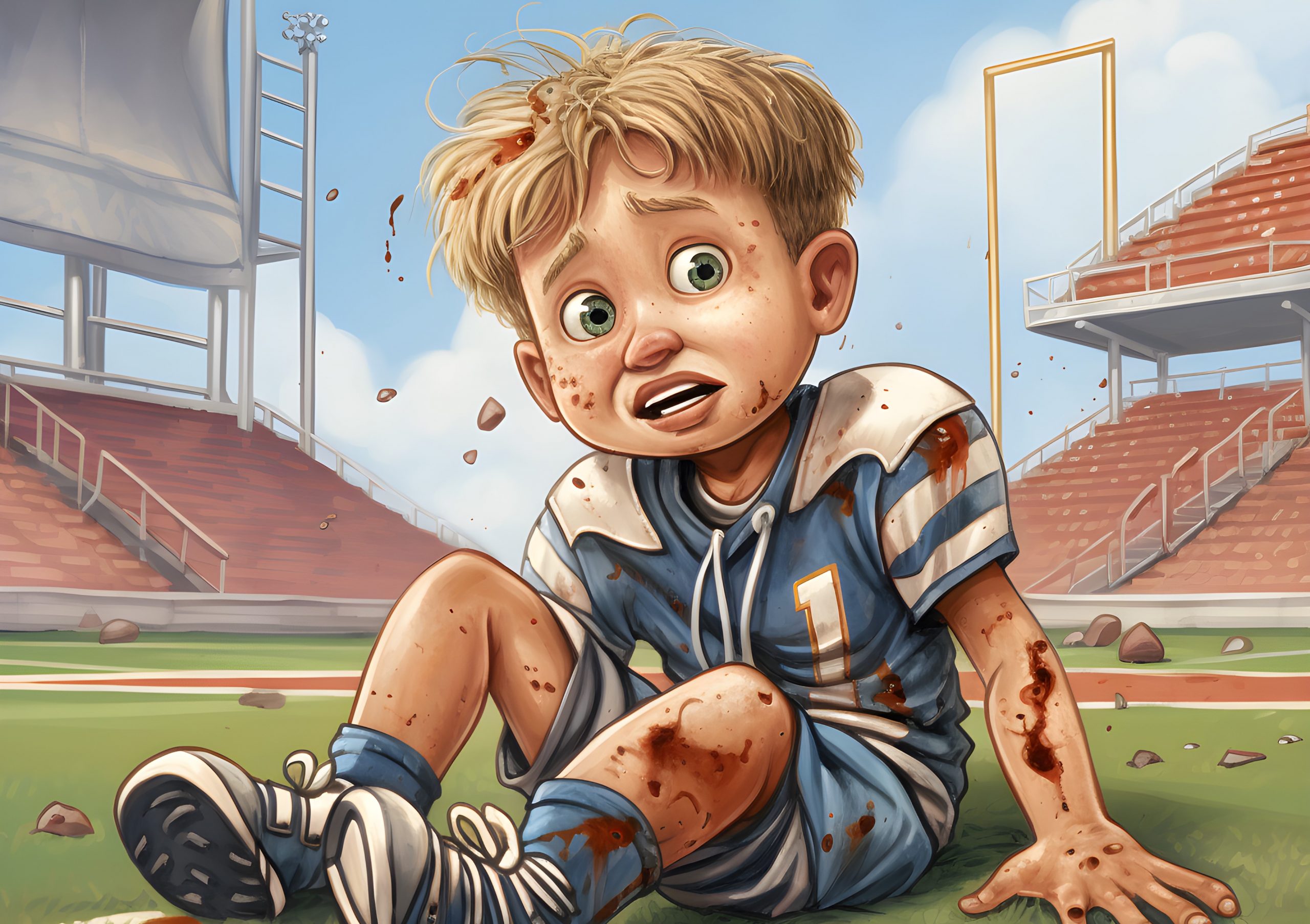 FootballR - NFL - Eine Illustration eines Jungen, der bei einem Footballspiel auf dem Boden sitzt und eine Erklärung für Kinder zum Thema Kreuzbandriss liefert.