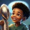 FootballR - NFL Playoffs - Ein kleiner Junge zeigt stolz seine Footballmeisterschaftstrophäe.