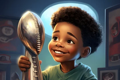 FootballR - NFL Playoffs - Ein kleiner Junge zeigt stolz seine Footballmeisterschaftstrophäe.