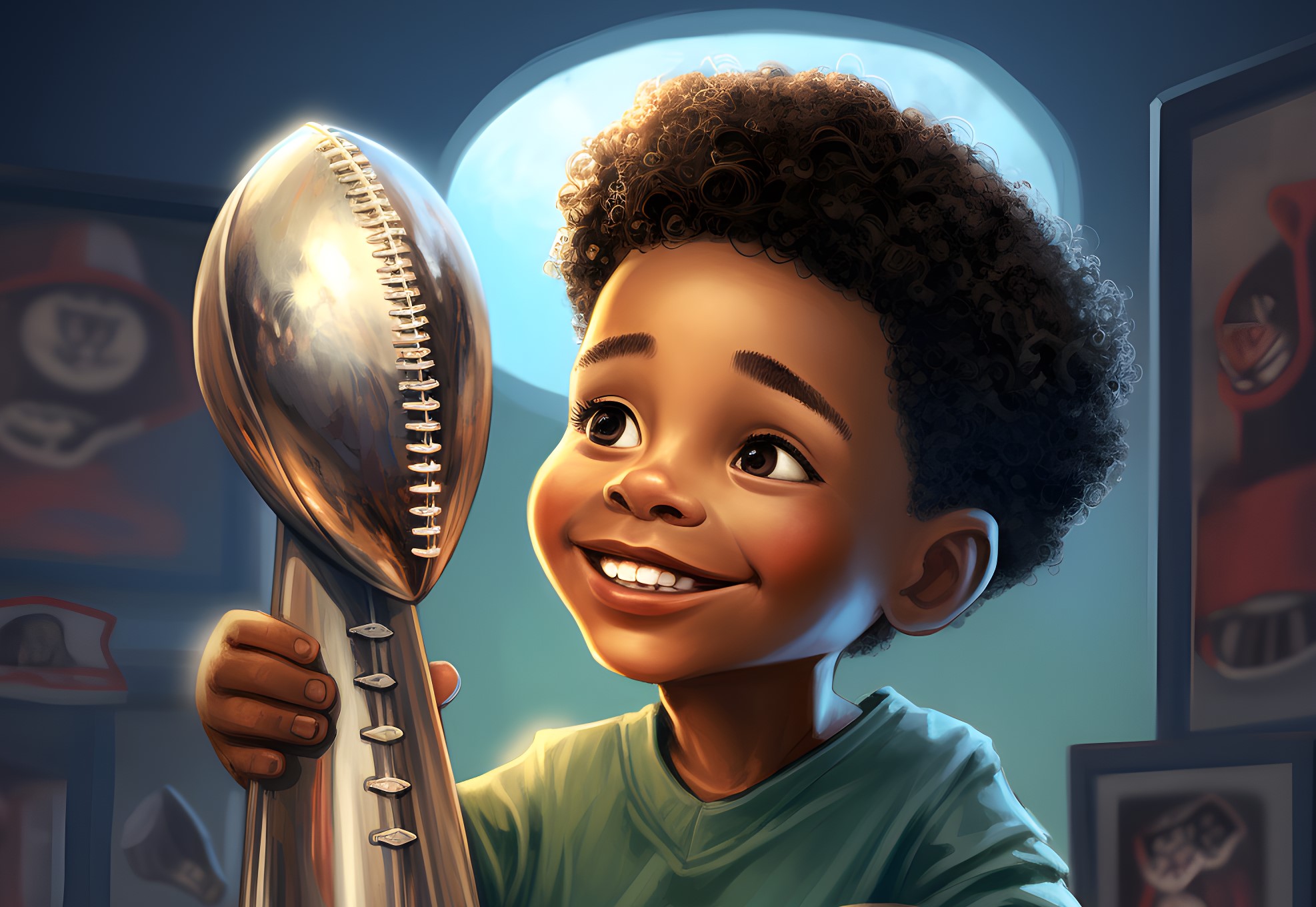 FootballR - NFL Playoffs - Ein kleiner Junge zeigt stolz seine Footballmeisterschaftstrophäe.
