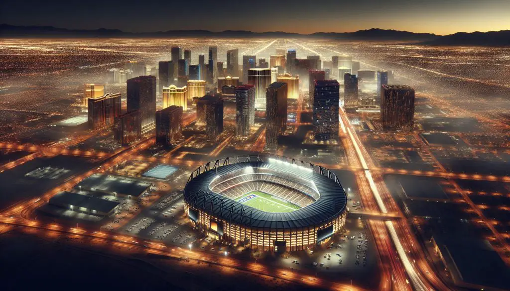 FootballR - NFL - Eine Luftaufnahme eines Stadions und einer Stadt während der NFL-Playoffs bei Nacht.