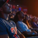 In einem schwach beleuchteten Kinosaal, der an eine Super Bowl Party erinnert, sitzt eine Gruppe von Menschen konzentriert auf die Leinwand. Im Vordergrund trägt ein Mann ein Trikot und eine Kappe. Das Publikum, bestehend aus Männern und Frauen in Reihen, wird in warmes Licht der Leinwand getaucht, was eine gemütliche, engagierte Atmosphäre schafft. Diese Beschreibung wurde mit der FootballR KI automatisch generiert.