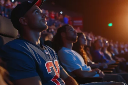 In einem schwach beleuchteten Kinosaal, der an eine Super Bowl Party erinnert, sitzt eine Gruppe von Menschen konzentriert auf die Leinwand. Im Vordergrund trägt ein Mann ein Trikot und eine Kappe. Das Publikum, bestehend aus Männern und Frauen in Reihen, wird in warmes Licht der Leinwand getaucht, was eine gemütliche, engagierte Atmosphäre schafft. Diese Beschreibung wurde mit der FootballR KI automatisch generiert.