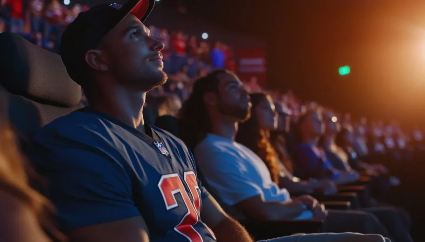 In einem schwach beleuchteten Kinosaal, der an eine Super Bowl Party erinnert, sitzt eine Gruppe von Menschen konzentriert auf die Leinwand. Im Vordergrund trägt ein Mann ein Trikot und eine Kappe. Das Publikum, bestehend aus Männern und Frauen in Reihen, wird in warmes Licht der Leinwand getaucht, was eine gemütliche, engagierte Atmosphäre schafft. Diese Beschreibung wurde mit der FootballR KI automatisch generiert.