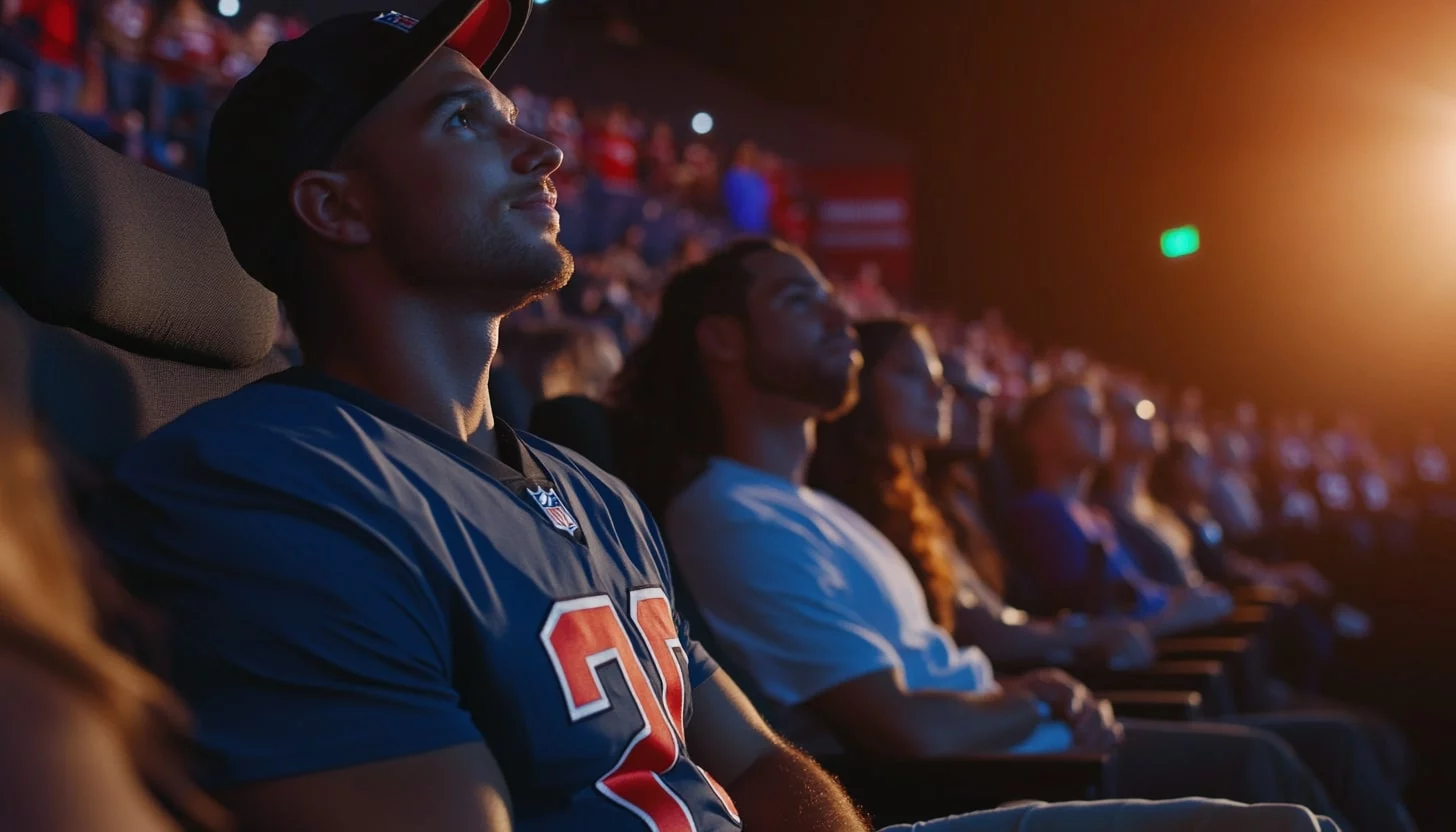 In einem schwach beleuchteten Kinosaal, der an eine Super Bowl Party erinnert, sitzt eine Gruppe von Menschen konzentriert auf die Leinwand. Im Vordergrund trägt ein Mann ein Trikot und eine Kappe. Das Publikum, bestehend aus Männern und Frauen in Reihen, wird in warmes Licht der Leinwand getaucht, was eine gemütliche, engagierte Atmosphäre schafft. Diese Beschreibung wurde mit der FootballR KI automatisch generiert.
