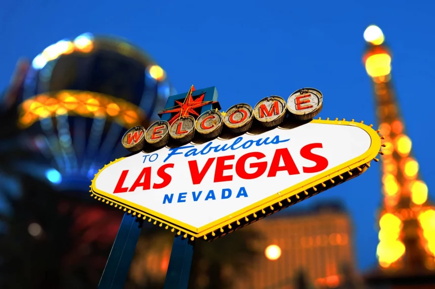 FootballR - NFL - Super Bowl LVIII - Schild „Welcome to Las Vegas“ vor dem NFL-Finale.