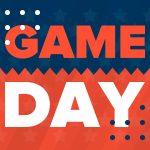FootballR - NFL Regular Season - Spieltag mit NFL-Footbällen und Sternen auf einem roten, blauen und orangefarbenen Hintergrund.