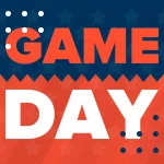 FootballR - NFL Regular Season - Spieltag mit NFL-Footbällen und Sternen auf einem roten, blauen und orangefarbenen Hintergrund.