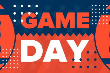 FootballR - NFL Regular Season - Spieltag mit NFL-Footbällen und Sternen auf einem roten, blauen und orangefarbenen Hintergrund.