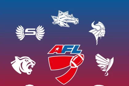 FootballR - NFL - Diese Beschreibung wurde automatisch generiert. Logos der Austrian Football League 2024 (AFL) auf leuchtend rotem und blauem Hintergrund.