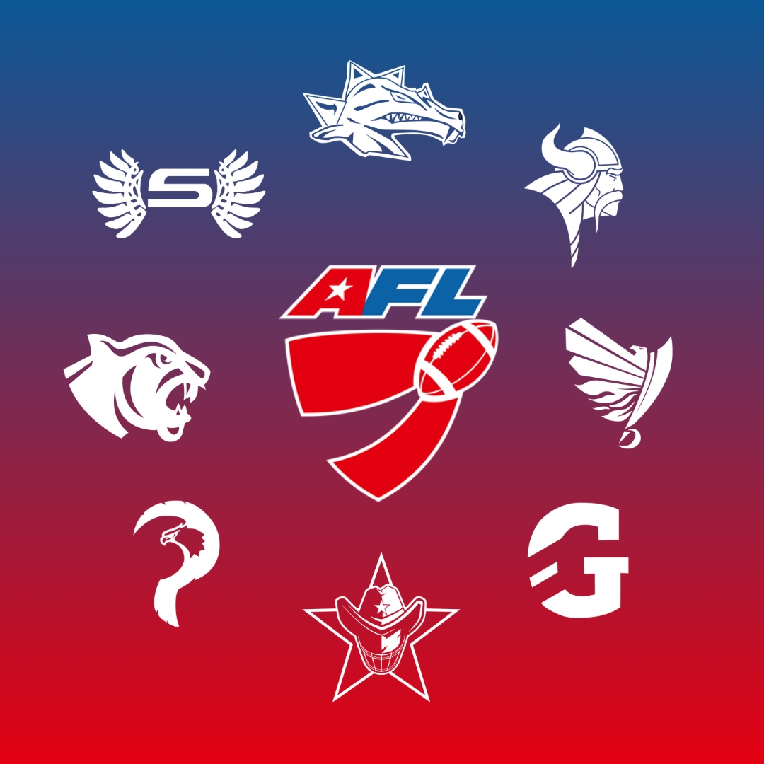 FootballR - NFL - Diese Beschreibung wurde automatisch generiert. Logos der Austrian Football League 2024 (AFL) auf leuchtend rotem und blauem Hintergrund.