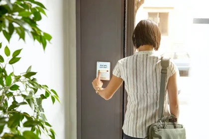 FootballR - NFL - Eine Frau steht mit einer Tastatur vor einer Tür.