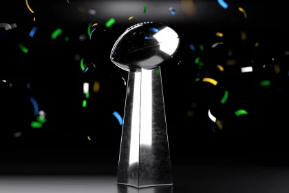 FootballR - NFL - Diese Beschreibung wurde automatisch generiert. Die Super Bowl-Trophäe ist von Konfetti umgeben.
Schlüsselwörter: Super Bowl