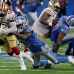 FootballR - NFL - Diese Beschreibung wurde automatisch generiert. Die San Francisco 49ers treffen im NFC Championship Game auf die Detroit Lions, wobei herausragender Spieler Deebo Samuel das grüne Licht erhält.