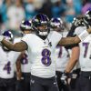 FootballR - NFL - Super Bowl LVIII - Die Ravens feiern nach dem Spiel. MVP Kandidat Lamar Jackson